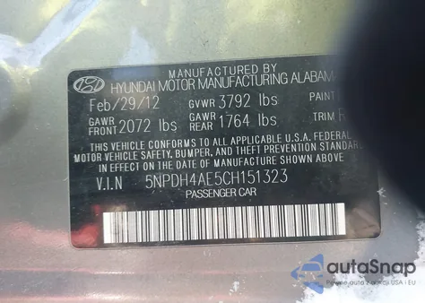 2012 Hyundai Elantra Gls z USA, uszkodzony, nr VIN 5NPDH4AE5CH151323